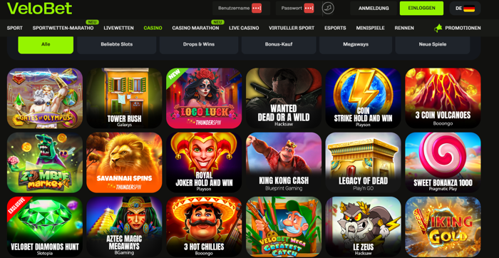 Velobet Casino Screenshot mit der Spieleseite.