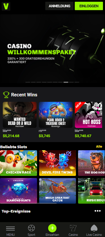 Velobet Casino Screenshot mit der Startseite, welche den aktuellen Willkommensbonus anzeigt.