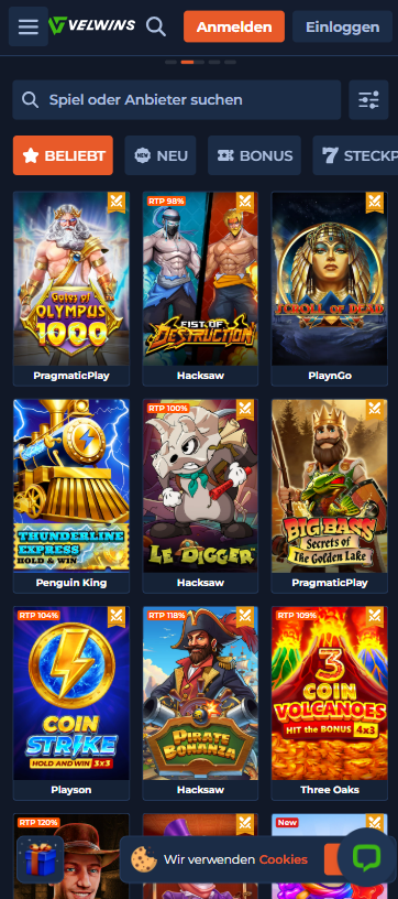 Spielauswahl im Velwins Casino zeigt Slots wie Lucky Lady's Charm neben anderen Kategorien