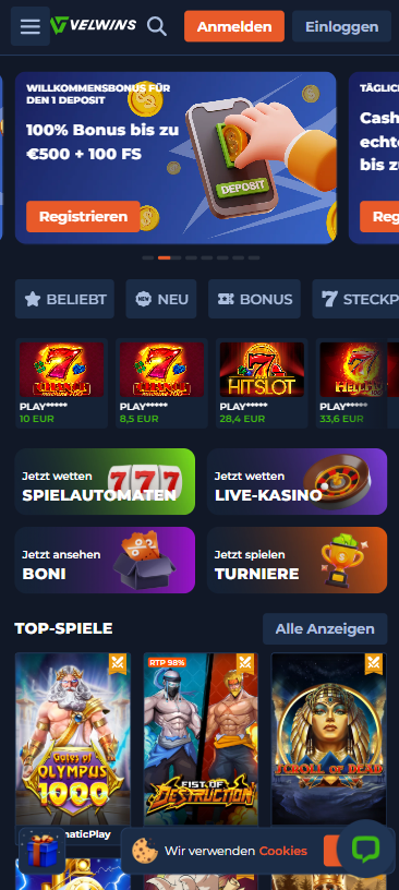 Startseite im Velwins Casino zeigt Willkommensbonus und Spielkategorien