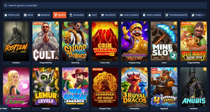 Spielauswahl im Velwins Casino zeigt Slots wie Lucky Lady's Charm neben anderen Kategorien