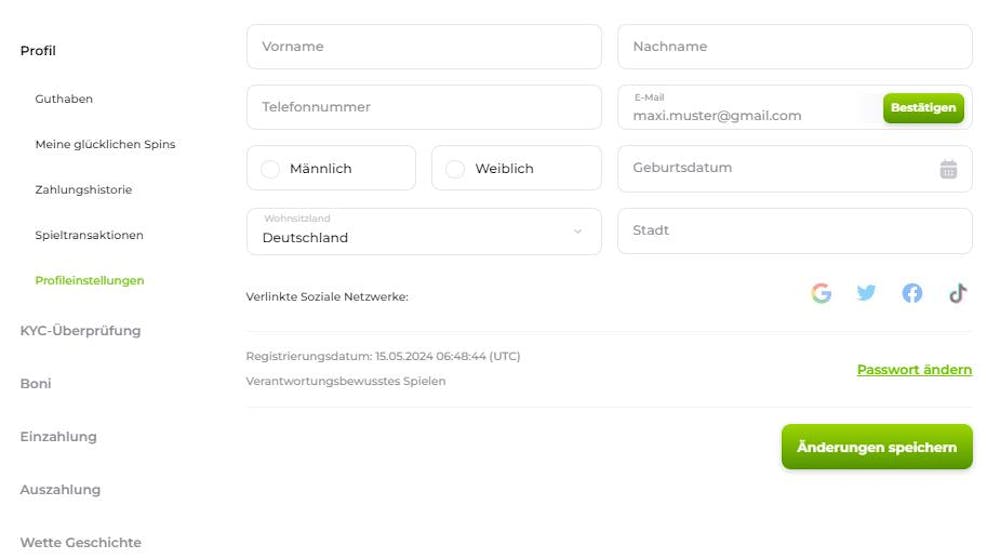 Formular zur Angabe pesönlicher Daten im Profilbereich des Verde Casinos