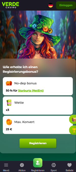 Verde Casino Screenshot mit dem Bonus ohne Einzahlung.