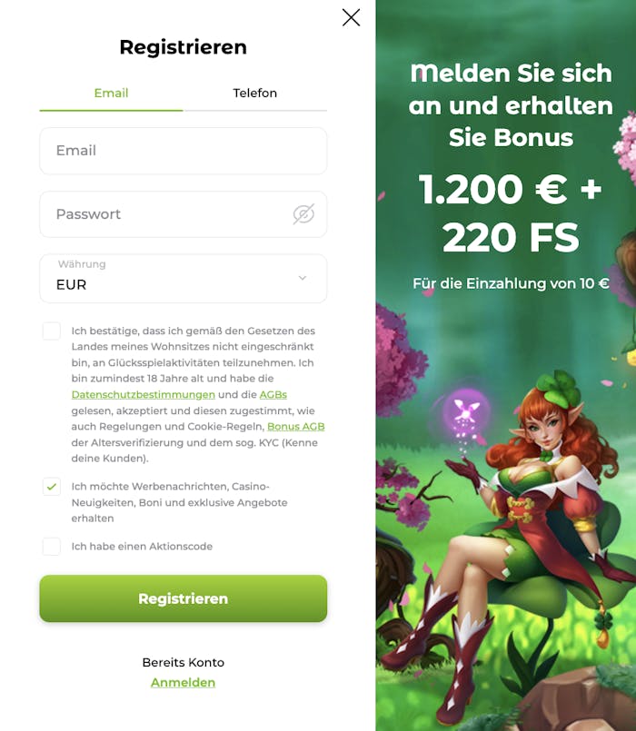 Registrierung im Verde Casino