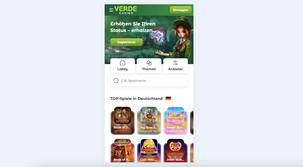 Mobile Ansicht des Verde Casinos mit Sofortüberweisung