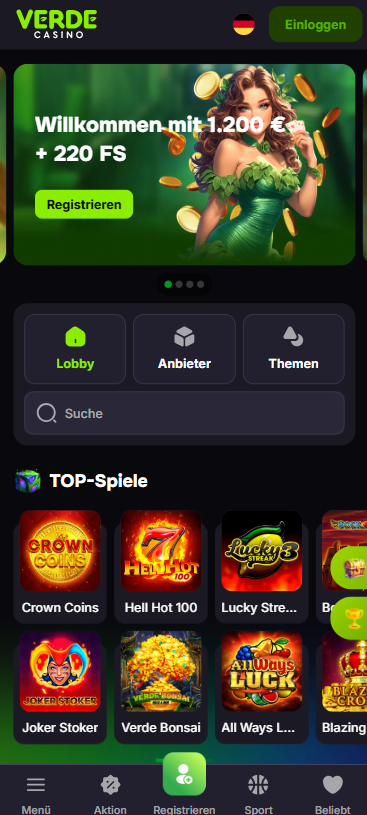 Startseite des Verde Casinos