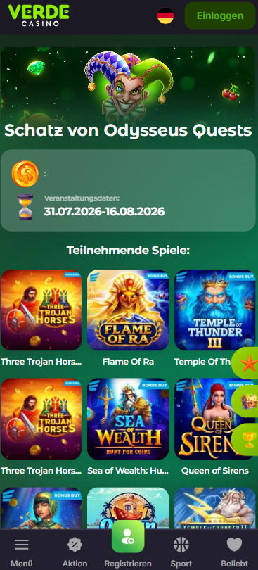 Verde Casino Screenshot mit dem Freispiele ohne Einzahlung Angebot.