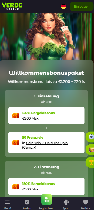 Verde Casino Screenshot mit dem 10 Euro Willkommensbonus.