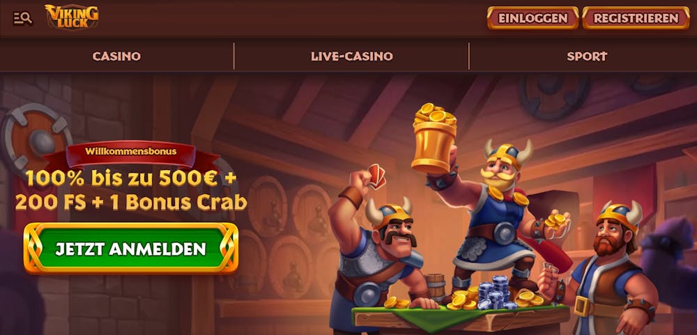 Die Homepage von Viking Luck Casino mit einer Beschreibung über den Willkommensbonus von 100 % bis zu 500 € +200 Freispiele