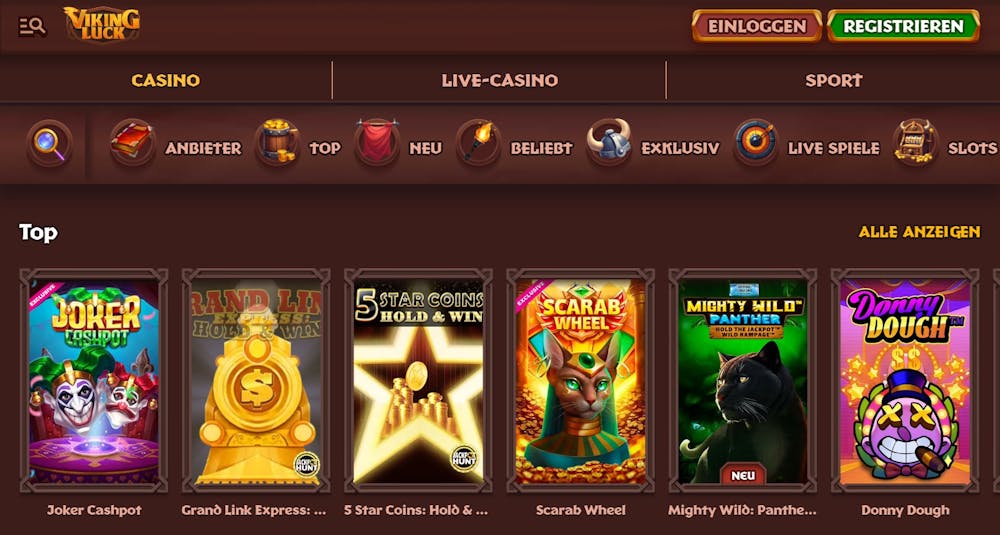 Die Slotansicht von Viking Luck Casino mit Titeln wie Joker Jackpot und Scarab Wheel