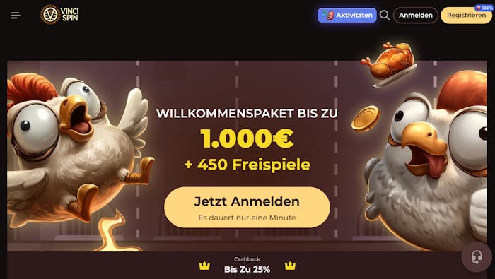Vinci Spin Casino Screenshot mit dem Casino Willkommensangebot von 1.000  e und 450 Freispielen.