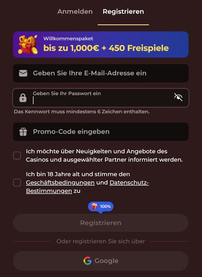 Vinci Spin Casino Screenshot mit der Anmeldeseite zur Eingabe der persönlichen Daten, um sich anzumelden.