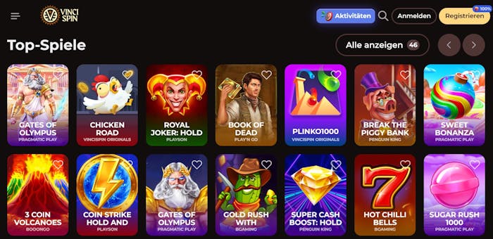 Vinci Spin Casino Screenshot mit der Casino Slot Auswahl, darunter Gates of Olympus.