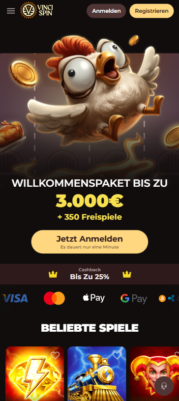Startseite im Vinci Spin Casino zeigt Willkommenspaket und beliebte Spiele