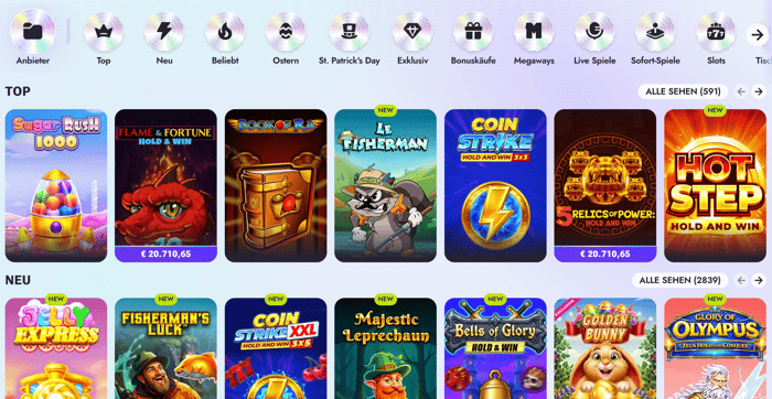 Spiellobby im VIPsta Casino zeigt top Spiele wie Sugar Rush 1000 neben anderen Spielkategorien