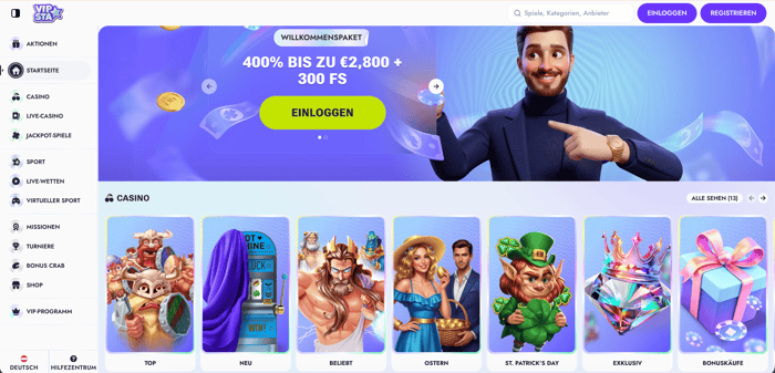 Startseite im VIPsta Casino zeigt Willkommensbonus, Menü und Spielkategorien
