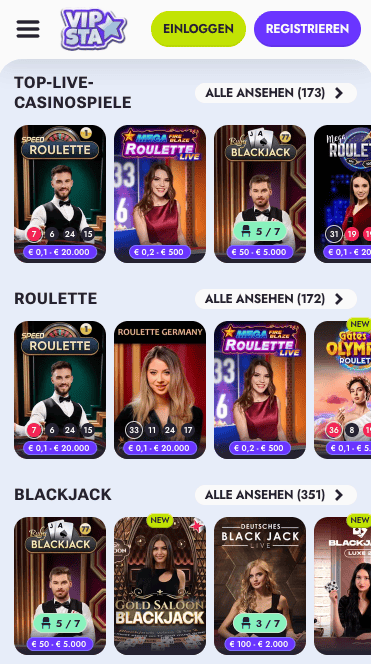 Live Casino Bereich im VIPsta Casino zeigt Spiele wie Speed Roulette