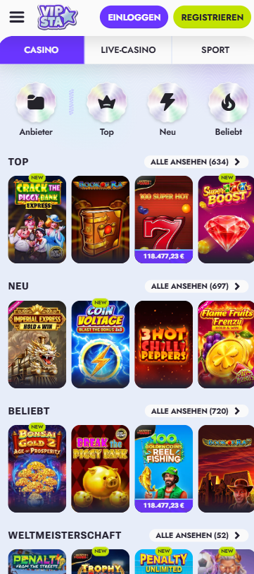 Spiellobby im VIPsta Casino zeigt top Spiele wie Sugar Rush 1000 neben anderen Spielkategorien