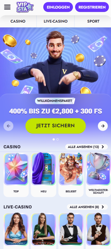 Startseite im VIPsta Casino zeigt Willkommensbonus, Menü und Spielkategorien