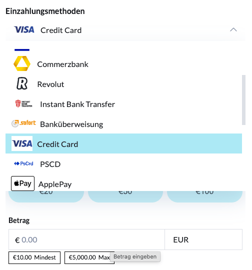 Auswahl der Einzahlungsmethode Visa im Casino