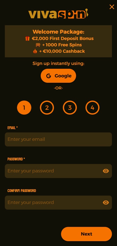 Viva Spin Casino Screenshot mit der Anmeldeseite zum Eingeben der Daten.