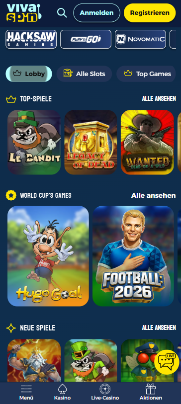 Spiellobby im Viva Spin Casino zeigt top Spiele wie Le Bandit neben anderen Spielkategorien