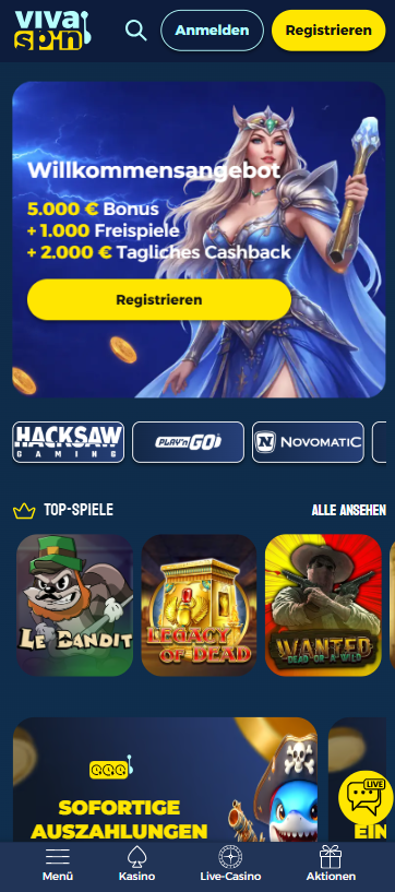 Viva Spin Casino Screenshot mit dem Willkommensbonus bis 15.000 € und 1.000 Freispiele.