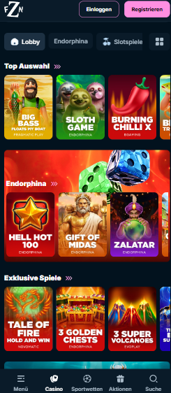 Spiellobby im Frenzino Casino zeigt top Spiele wie Sloth Game neben anderen Spielkategorien