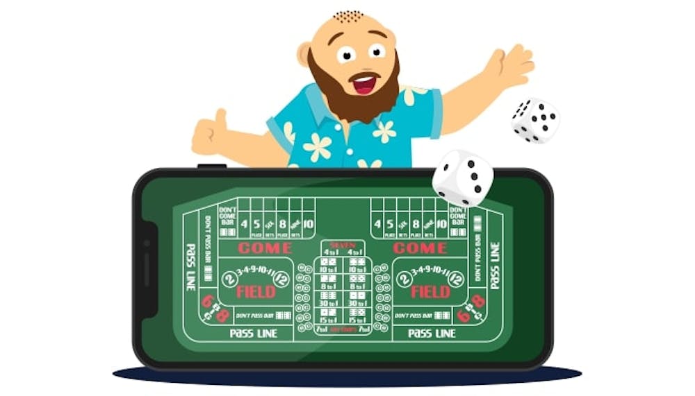 Bernie spielt eine Partie Craps auf einem dazugehörigen Spieltisch