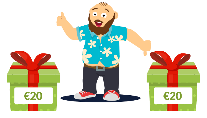 Grafik zeigt CasinoBernie in Mitte von Geschenkboxen mit 20 Euro Zeichen darauf, welche den 20 Euro Bonus ohne Einzahlung darstellen.
