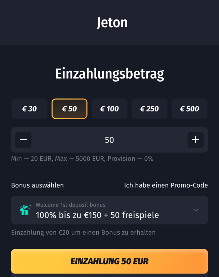 Einzahlung im Jeton Casino Winshark