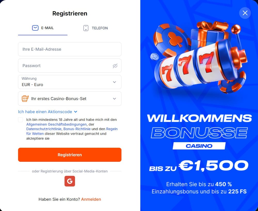 Screenshot des Vulkan Spiele Casinos. Rechts sieht man im blauen Design den Willkommensbonus, link auf weiß kann man seine Daten zum Anmelden angeben.