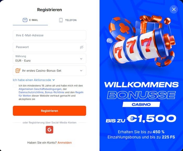 Screenshot des Vulkan Spiele Casinos. Rechts sieht man im blauen Design den Willkommensbonus, link auf weiß kann man seine Daten zum Anmelden angeben.