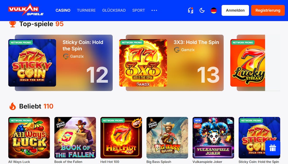 Vulkan Spiele Casino Screenshot mit Spieleauswahl. Darunter All Ways Luck Slot, Book of the Fallen und Big Bass Splash.