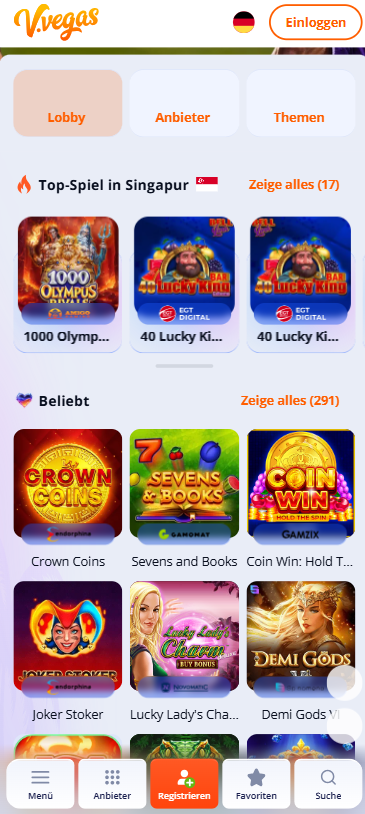 Spiellobby im Vulkan Vegas Casino zeigt Spiele wie Crown Coins neben Filter für Anbieter und Themen