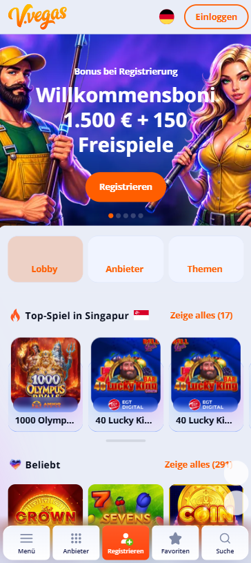 Startseite im Vulkan Vegas Casino zeigt Willkommensbonus und top Spiele
