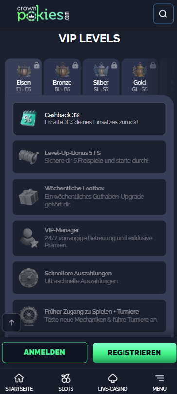 Crown Pokies Casino VIP Programm Screenshot.
