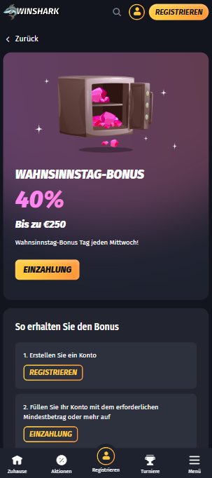 Winshark Casino Screenshot mit dem Mittwochs Bonus Angebot,