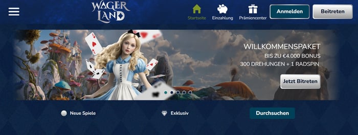 Wagerland Casino Screenshot mit der Startseite, welche den Willkommensbonus anzeigt..