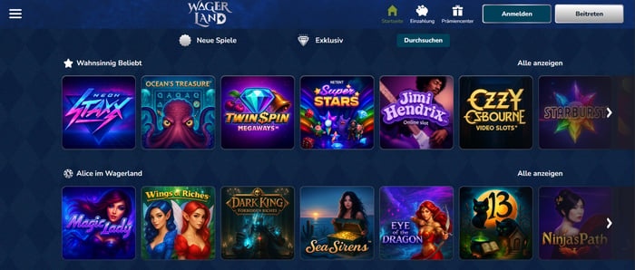 Wagerland Casino Screenshot mit der Spiele Seite.