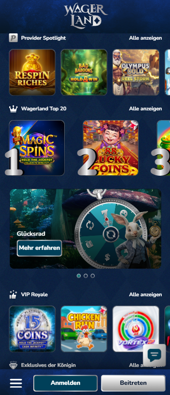Wagerland Casino Screenshot mit der Spiele Seite.