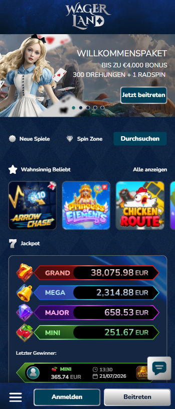 Startseite im Wagerland Casino zeigt Willkommenspaket und beliebte Spiele