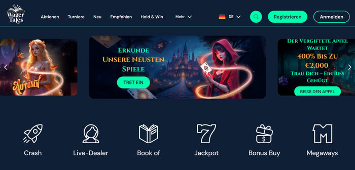 Wagertales Casino Screenshot mit der Startseite, welche den Willkommensbonus anzeigt.
