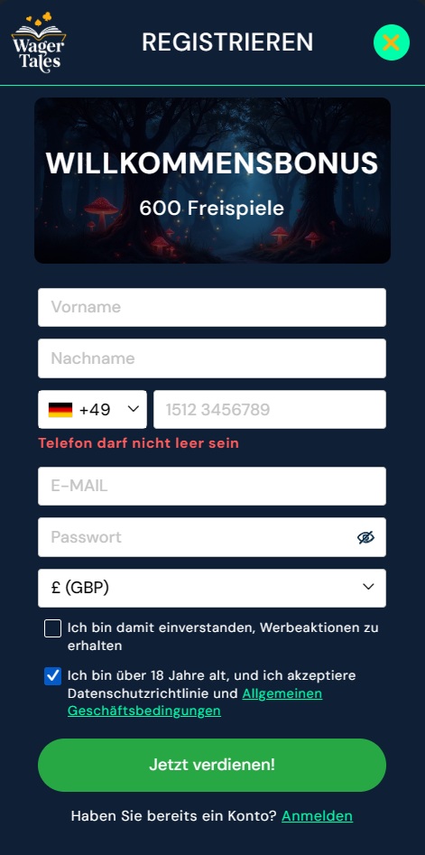 Wagerland Casino Screenshot mit der Anmeldeseite.