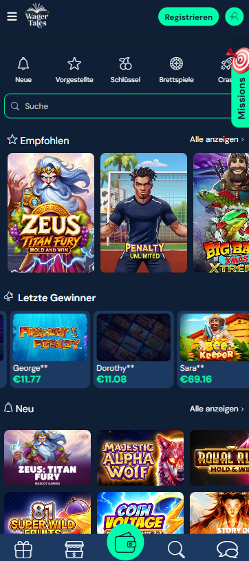 Wagerland Casino Screenshot mit der Spieleseite.