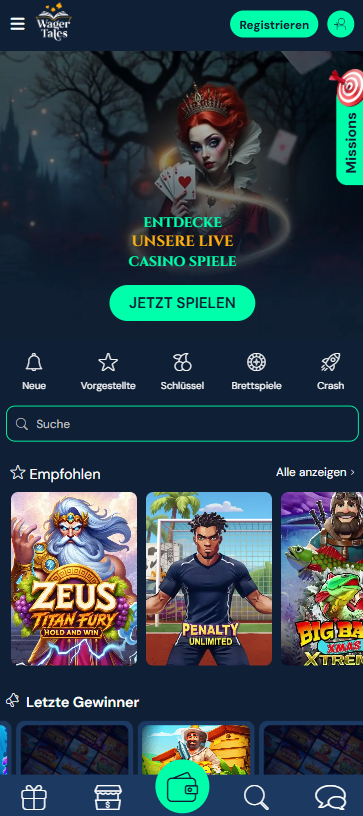 Wagertales Casino Screenshot mit der Startseite, welche den Willkommensbonus anzeigt.