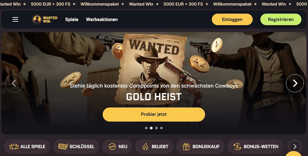 Die Homepage von WantedWin Casino, im Hintergrund sieht man einen Steckbrief und ein Bonus Angebot