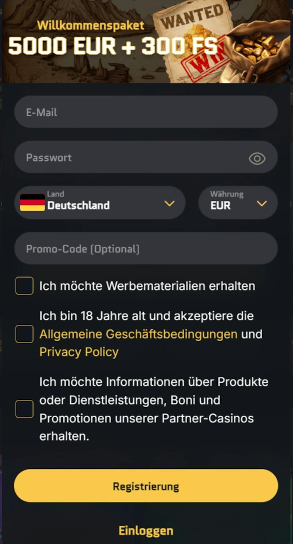 Das Anmeldeformular bei Wanted Win Casino 