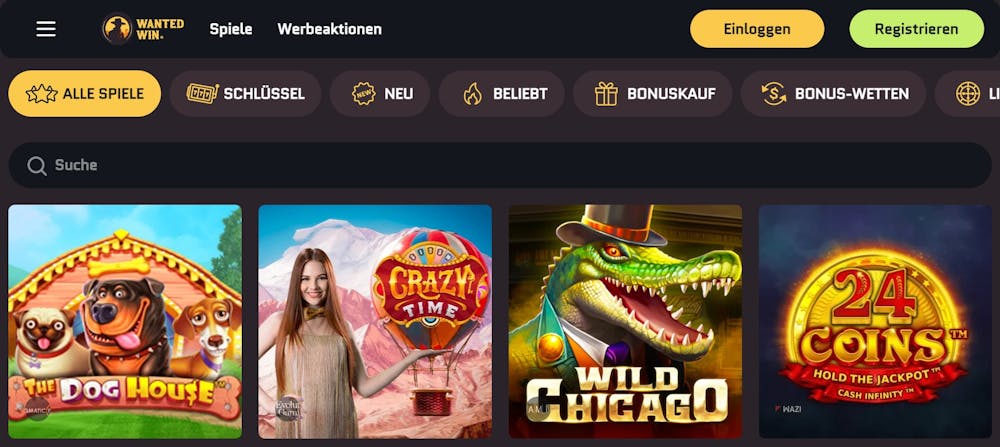 Die Slotansicht bei Wildwin Casino, mit Titeln wie The Dog House 2 und Wild Chicago