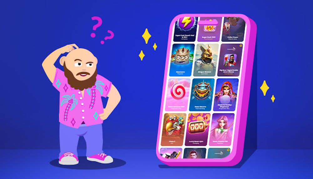 Nachdenklicher CasinoBernie mit Smartphone, das Casino Spiele zeigt